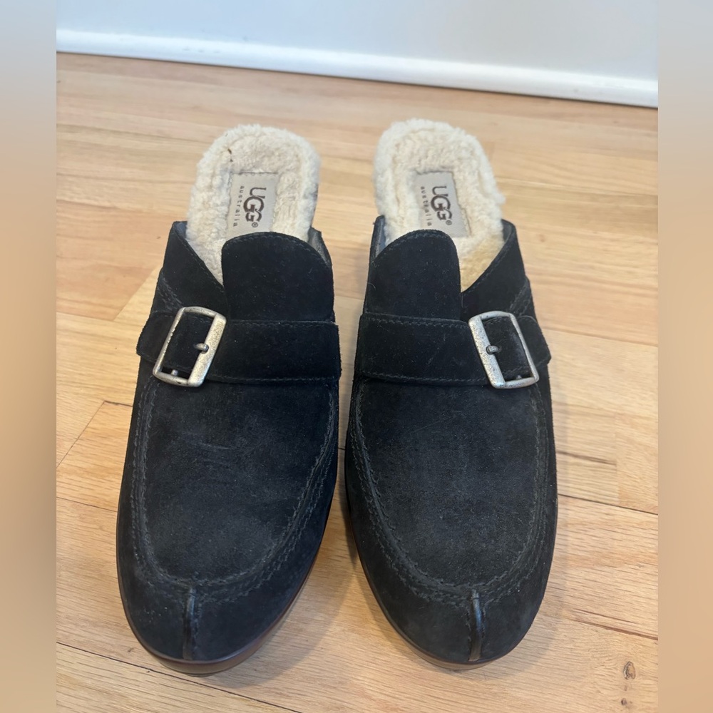 UGG Australia Isabella black suede sheepskin-lined heeled mule clogs size US 9 - Picture 7 of 9